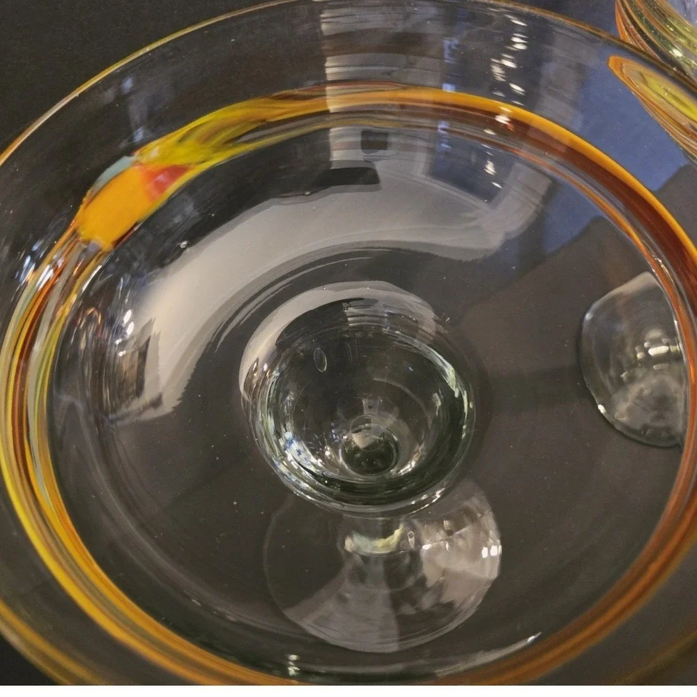 Mexican Hand Blown Margarita Glasses Set of 2‎ Orange Yellow Red Swirl Rim 7in